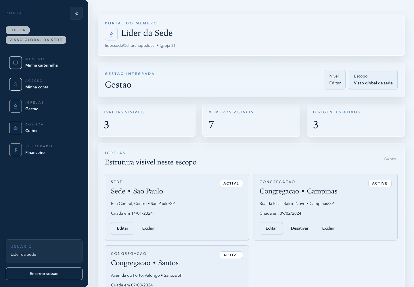 Tela do portal do ChurchAPP